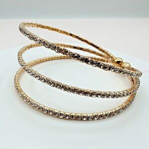 Vintage Y2K Gold Tone 3 Row Clear Rhinestone Wrap Cuff Bracelet‎ Classic Jewelry